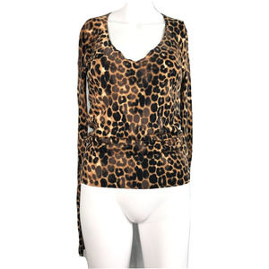 Express Sweater Womens Sz SP‎ Petite Brown Leopard Cotton V Neck Pullover Top